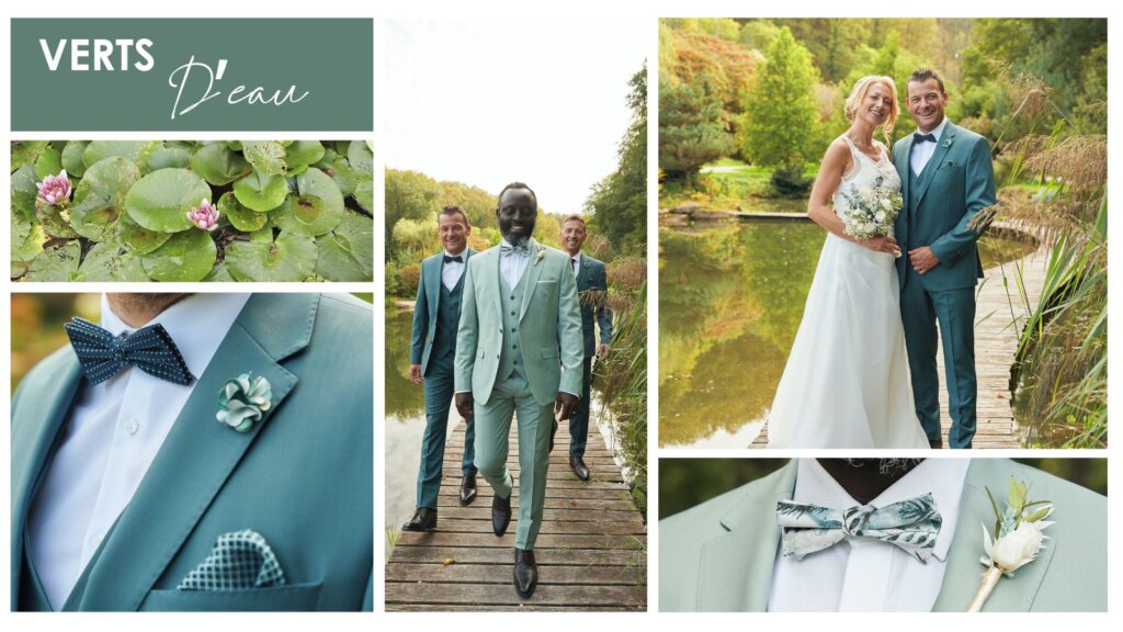 costume vert d'eau, thème tropical, noeus papillon, cravate, costume mariage Besançon, costume cérémonie, hafnium 